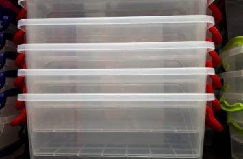 stack of colorful plastic boxes.